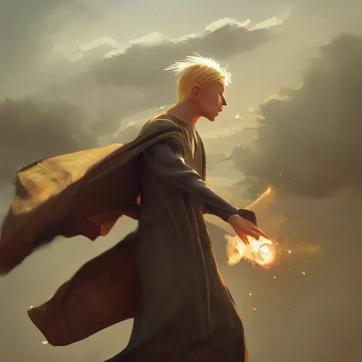 Image similar to blonde boy wearing a brown cape and flying in t pose, space background, realistic, oil painting, brush strokes, greg rutkowski