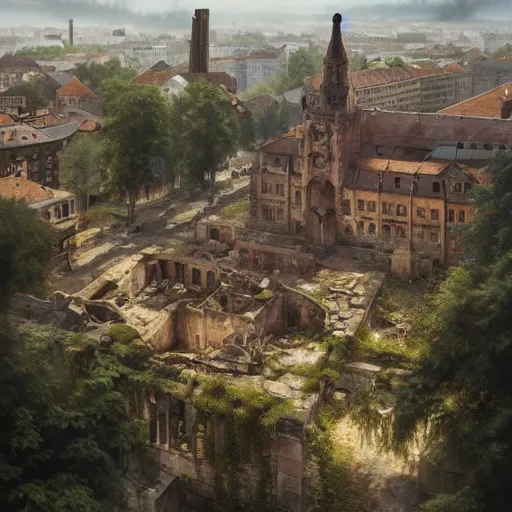 Image similar to aerial view of ruins of munich!!!, vegetation!!!, rubble!!, rusty cars!! hyperrealistic, highly detailed, cinematic, foggy light from fires, beautiful, cgssociety, artstation, 8 k, oil painting by greg rutkowski, by artgerm, by wlop