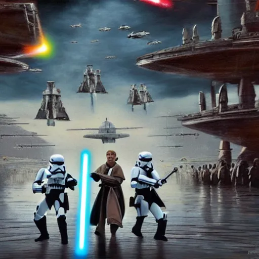 Image similar to Star Wars Prequels Clones storming a castle, hyper detailed, realism, award-winning, 4k