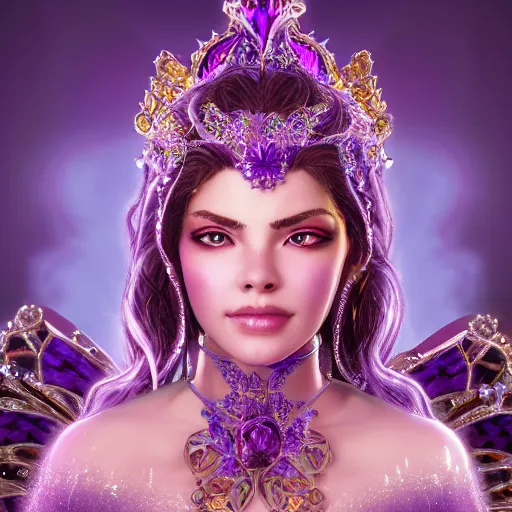 Image similar to portrait princess of amethyst, glowing, ornate and intricate purple jewelry, jaw dropping beauty, glowing background lighting, purple accent lighting, hyper detailed, fairy tale, 4 k octane render