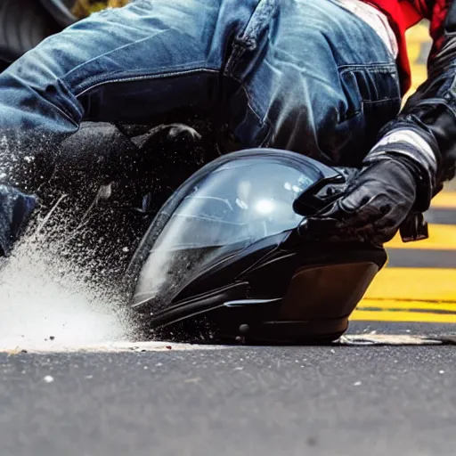 Image similar to man wearing a helmet, being hit by a car and falling off of his motorcycle