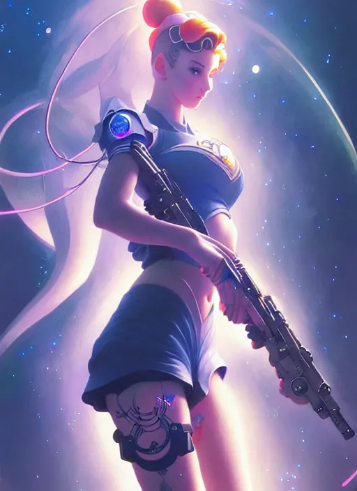 Image similar to sailormoon with tattoos wearing tactical gear, intricate lights, bio luminescent, plasma, by ruan jia and artgerm and range murata and wlop and ross tran and william - adolphe bouguereau and beeple. key art. fantasy illustration. award winning, artstation, intricate details, realistic, hyperdetailed, 8 k resolution.