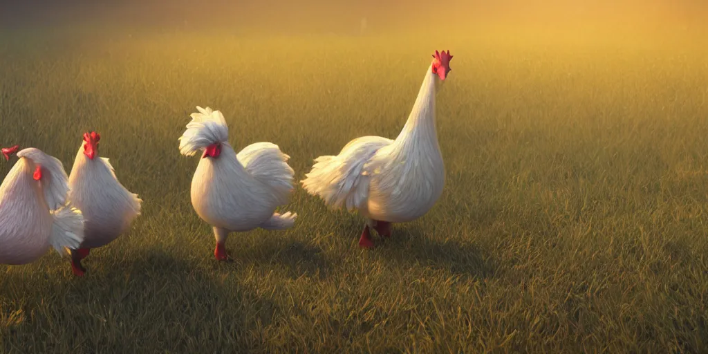 Image similar to magical sparkling chickens frolicking in a field, autumn, sparkles, light beams, photorealistic, hyperrealistic, 8 k, trending on artstation