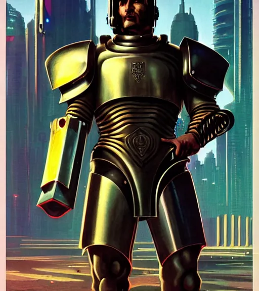 Image similar to a large cyberpunk paladin in rounded heavy plate armor with large shoulder pads and a spartan helmet and a very large shield he is holding a large axe in a cyberpunk setting, 1 9 6 9 omni magazine cover, style by vincent di fate, artgerm, cyberpunk 2 0 7 7, very coherent, detailed, 8 k resolution, unreal engine, daz