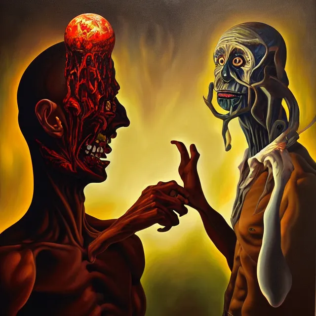 Image similar to an oil on canvas portrait painting of a man meeting a demon, polycount, surrealism, surrealist, cosmic horror, high detail