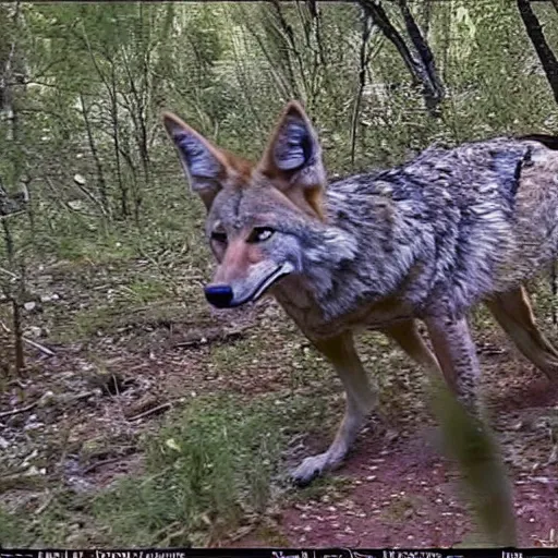 Prompt: trailcam footage of native weird distorted body Skinwalker transforming into a coyote