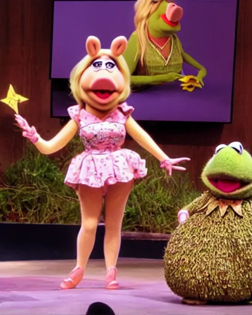 Image similar to miss piggy giving a ted talk on stable diffusion to an audience of muppets about the future of image generation. on the giant video screen behind miss piggy is picture of salvador dali sitting on an avocado toilet, photorealistic, ted talks, muppets