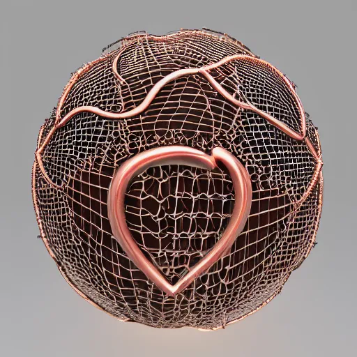 Image similar to complex 3d render ultra-detailed of a leather basketball in the shape of a heart, sacred heart with net around it like thorns, 150 mm, beautiful natural soft light, rim light, silver gold details, maze like, mesh wire, intricate details, hyperrealistic, ultra detailed, mandelbrot fractal, anatomical, white metal neocubism armor, elegant, octane render, H.R. Giger style, 8k