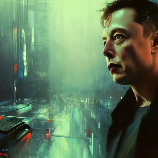 Image similar to elon musk, hyperrealistic portrait, bladerunner street, art of elysium by jeremy mann and alphonse mucha, fantasy art, photo realistic, dynamic lighting, artstation, poster, volumetric lighting, very detailed face, 4 k, award winning