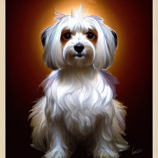 Image similar to beautiful detailed picture of a havanese dog, radiant light, art nouveau, intricate, elegant, highly detailed, my rendition, digital painting, artstation, concept art, smooth, sharp focus, illustration, art by artgerm and greg rutkowski and alphonse mucha