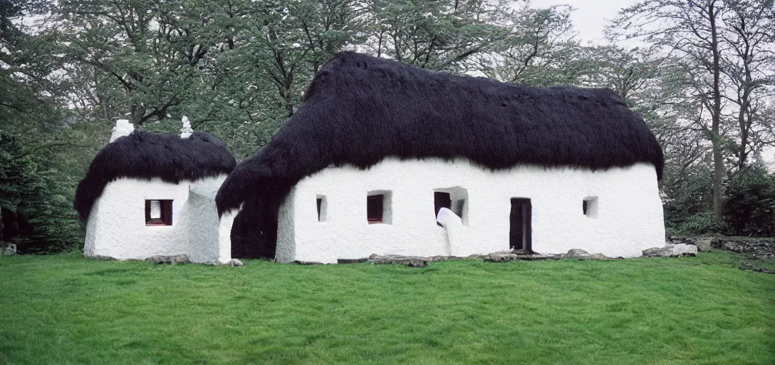 Image similar to scottish blackhouse constructed of ivory - white pentelic marble. fujinon premista 1 9 - 4 5 mm t 2. 9. portra 8 0 0.