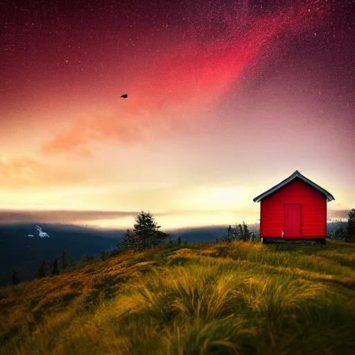 Prompt: stunning photo of landscape with an red cabin on a mountain by mikko lagerstedt