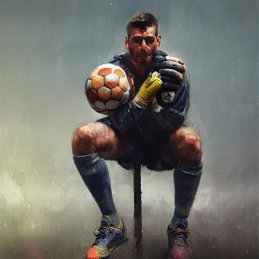 Prompt: A realistic hyperdetailed multi-colored digital oil full body portrait painting of a goal keeper on his knees holding a soccer ball up to the sky in the style of Guy Denning, Ruan Jia, and Craig Mullins. Trending on ArtStation and DeviantArt. CGSociety Digital art.