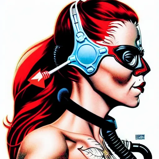 Image similar to a profile photo of a red head devil woman with a diving oxygen mask with side profile blood in ocean intricate details by MARVEL comics and Sandra Chevrier-C