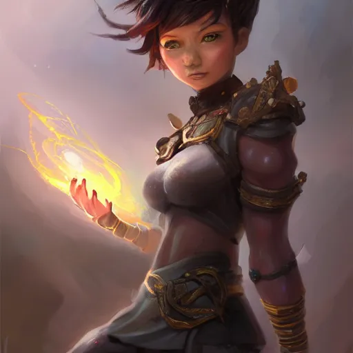 Image similar to beautiful muscular charming female gnome mechanic, magic crackling lightning iron gauntlet arms, short black pixie undercut hair, standing on ship deck, naval background, intricate, fantasy magic, highly detailed, full body portrait, wide angle, digital painting, artstation, smooth, sharp focus, great composition, illustration, art by Greg Rutkowski, trending on artstation