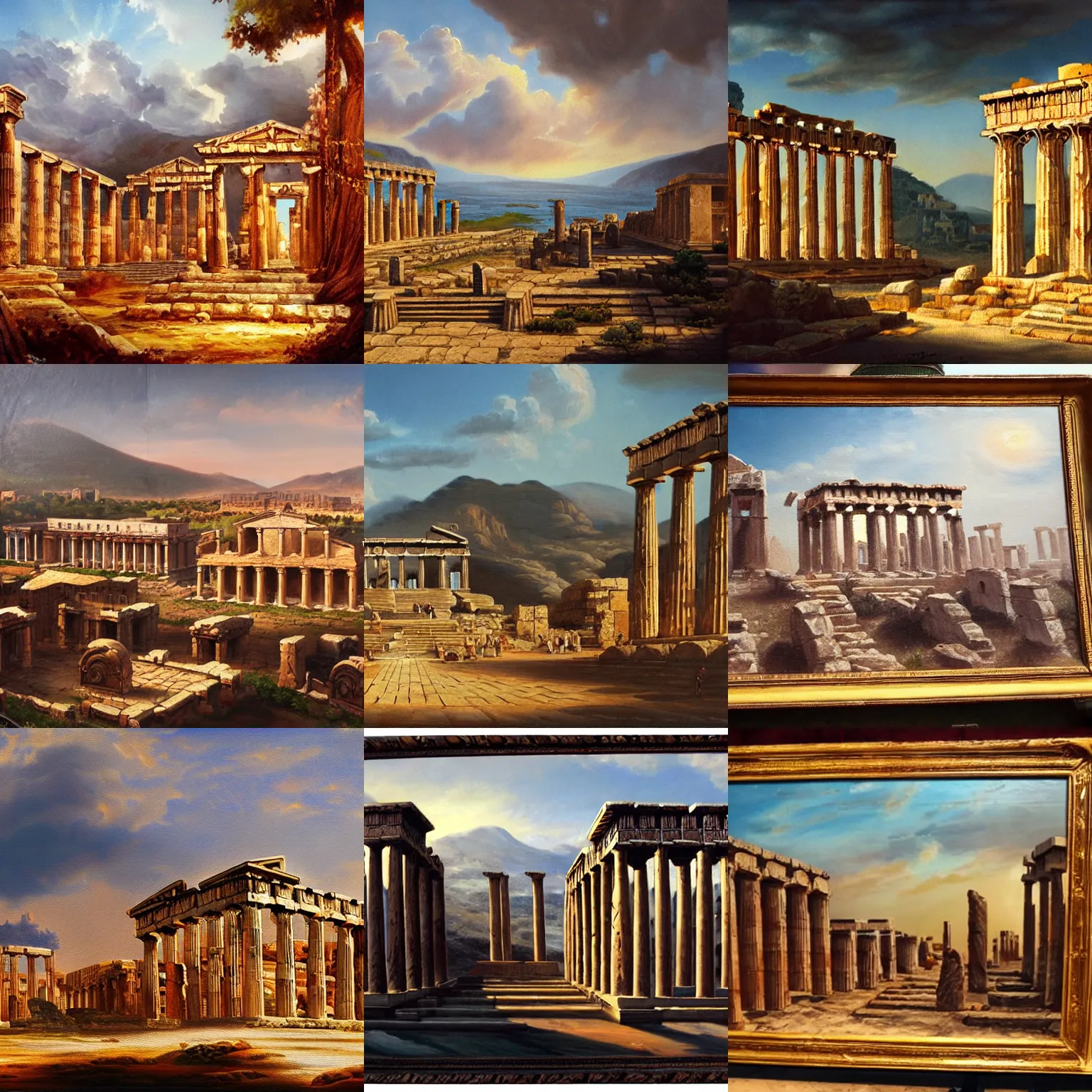 Prompt: An oil painting of an ancient greek city. Dramatic lighting, high quality matte painting.