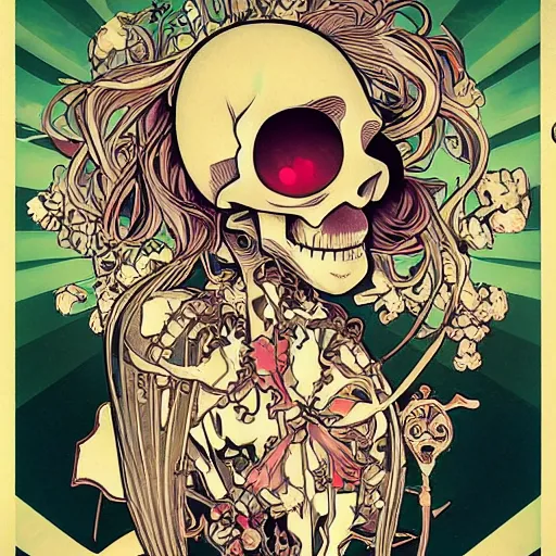 Image similar to anime manga skull portrait girl female skeleton illustration ren stimpy looneytoons art geof darrow and cuphead alphonse mucha pop art nouveau