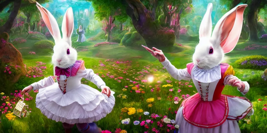 Image similar to The White Rabbit, Alice in wonderland, colorful, wide angle, super highly detailed, professional digital painting, artstation, concept art, smooth, sharp focus, no blur, no dof, extreme illustration, Unreal Engine 5, Photorealism, HD quality, 8k resolution, cinema 4d, 3D, beautiful, cinematic, art by artgerm and greg rutkowski and alphonse mucha and loish and WLOP