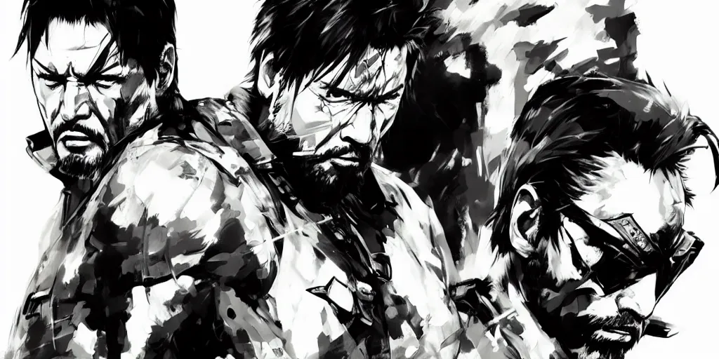 Image similar to a full - body portrait of chow yun - fat, in yoji shinkawa's art style, metal gear solid art style highly detailed, 4 k, artistic, white background, b & w