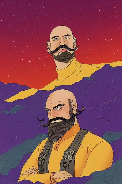Image similar to a colorful closeup portrait of a handsome young bald man with a very long wild beard and handlebar moustache riding a golden motorcycle and dreaming psychedelic hallucinations in the vast icy landscape of antarctica, by kawase hasui, moebius and edward hopper, colorful flat surreal design, hd, 8 k, artstation