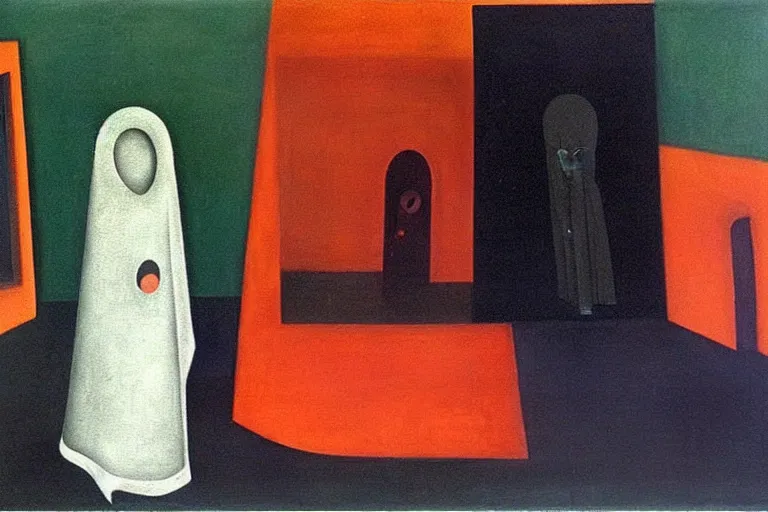 Image similar to born under a bad sign, watches, radios, good luck and trouble are my only friends, colors white!!, orange, dark green, dark blue, abstract oil painting by leonora carrington