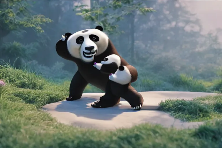 Image similar to still from a pixar film about a robot panda, uhd 4 k movie, octane render