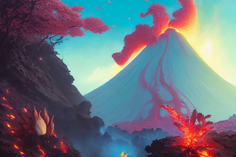 Image similar to lava, volcano eruption, cherry blossoms, unreal engine, fantasy art by greg rutkowski, loish, rhads, ferdinand knab, makoto shinkai and lois van baarle, ilya kuvshinov, rossdraws, tom bagshaw, global illumination, radiant light, detailed and intricate environment