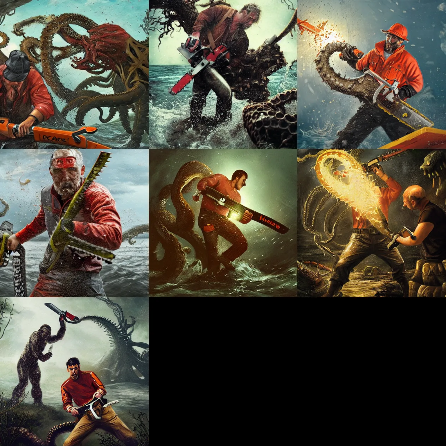 Prompt: man_wielding_a_chainsaw,fighting_a_kraken,