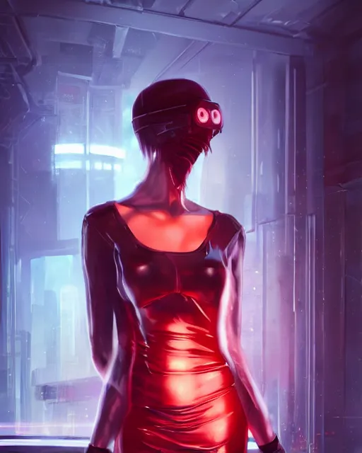 Prompt: Portrait of a futuristic rogue by Charlie Bowater, latex dress, gothic, short red hair, complementary rim lights, backlit, posing, cyberpunk city backdrop