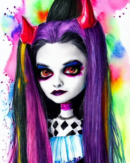 Prompt: colorful pencil portrait of monster high draculaura doll, by sabrina eras, alice x. zhang, agnes - cecile, blanca alvarez, very detailed, watercolor
