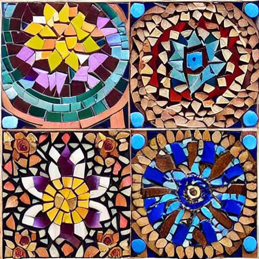 Image similar to zoomed wooden carved mosaic made from flowers from around the world, each tile is a different flower, rich colors