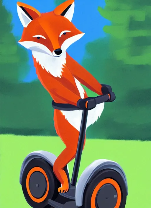 Image similar to an anthropomorphic male fox on a segway in a park, furry art, digital art, soft lighting