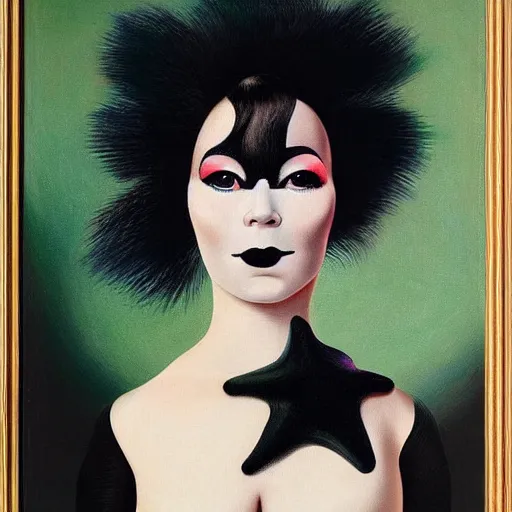 Image similar to very detailed portrait of bjork wearing dramatic makeup. painted by rene magritte, 1 9 2 7. oil on canvas.