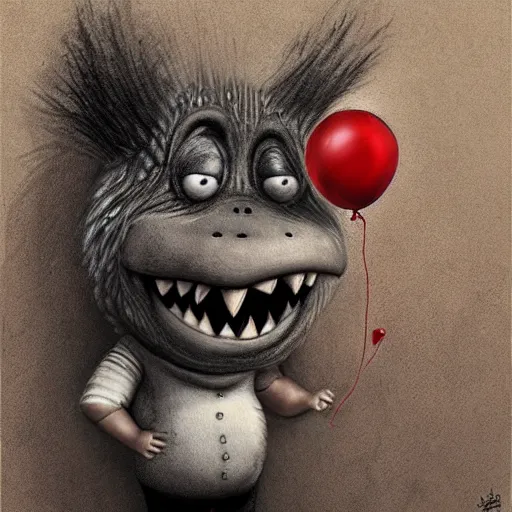 Image similar to surrealism grunge cartoon portrait sketch of chunky with a wide smile and a red balloon by - michael karcz, loony toons style, where the wild things are style, horror theme, detailed, elegant, intricate