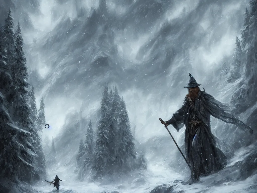 Prompt: a highly detailed rendering of a wizard in flowing robes and brimmed hat with a staff travelling trough a dark forest with a backdrop of snow-capped mountains and stormy clouds, neo-romanticism, wild, highly detailed, digital painting, artstation