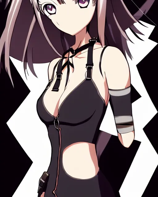 Image similar to female action anime girl, black dress, action, symmetrical faces and eyes symmetrical body, middle shot waist up, airplane hanger background, Madhouse anime studios, Black Lagoon, Wit studio anime, 2D animation