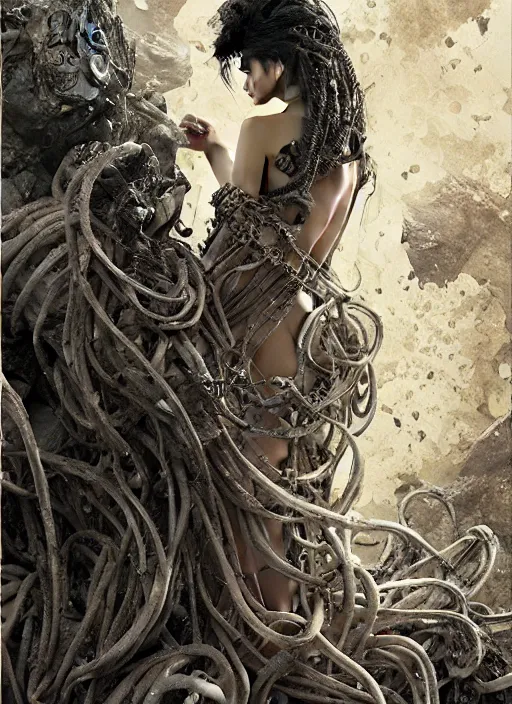 Prompt: portrait of anne curtis as medusa looking for camera wearing greek chiton, fantastically eerie, desaturated colors, pen and ink, glamorous pose, intricate line drawings, by craig mullins, ruan jia, kentaro miura, greg rutkowski, victo ngai