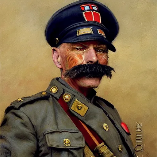 Image similar to old dog with big mustache dressed as a veteran colonel of the first world war german army, highly detailed painting by gaston bussiere, craig mullins, j. c. leyendecker