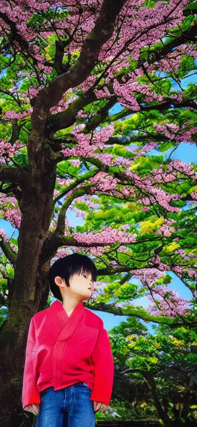 Image similar to “ a portrait of luffy as little kid at a sakura tree, side shot, by shunji dodo, 8 k resolution, photo, high quality ”