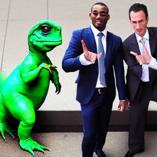 Image similar to businessmen in suits throwing up gang signs at a baby dinosaur