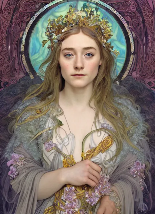 Image similar to Saoirse Ronan as God of Beauty, cute, fantasy, intricate, elegant, highly detailed, digital painting, 4k, HDR, concept art, smooth, sharp focus, illustration, art by alphonse mucha,artgerm, H R Giger