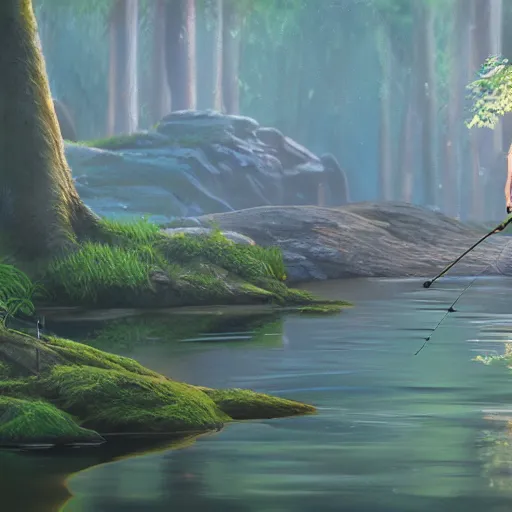 Prompt: painting of otter-fishman with fishing rod, stylized, octane render, morning forest river, Ghibli style, godraze, volume light