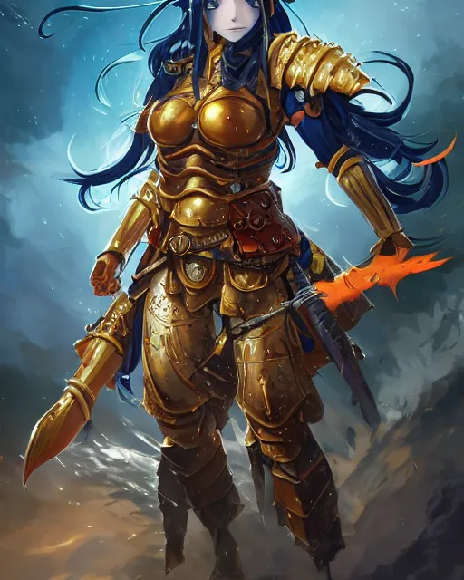 Image similar to An anime portrait of a beautiful D&D half-orc female with long wavy dark blue hair, bright orange eyes, intricate full body armour, fantasy soldier, by Stanley Artgerm Lau, WLOP, Rossdraws, James Jean, Andrei Riabovitchev, Marc Simonetti, and Sakimichan, highly detailed, ultra detailed, golden hour, trending on artstation, cgstudio