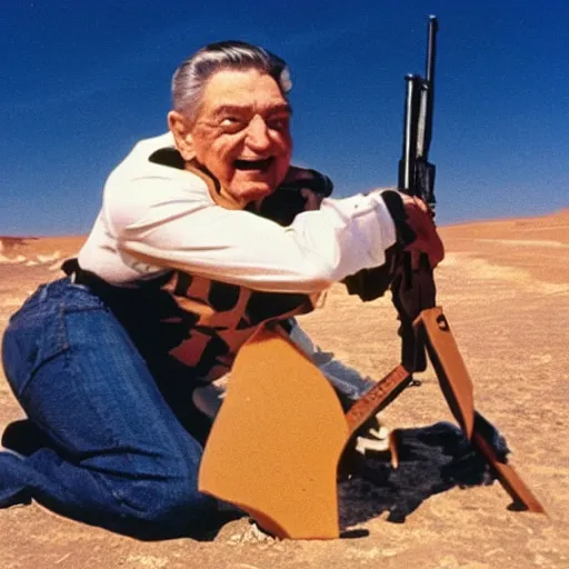 Image similar to george soros wrestling posing with an ak 4 7 in the desert anime stlye