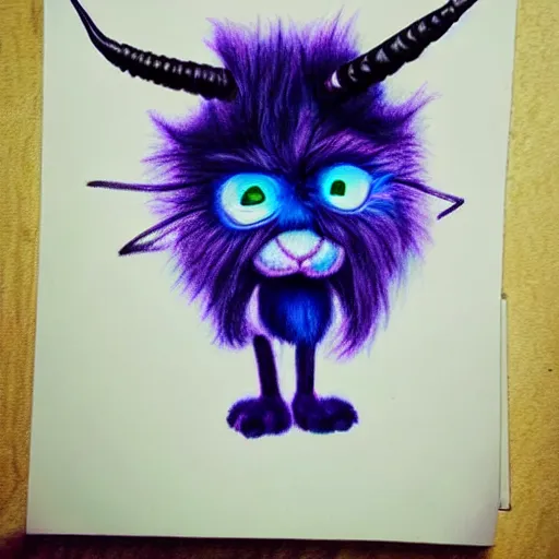 Image similar to A realistic drawing of a blue fuzzy monster with purple horns and one big cute eye