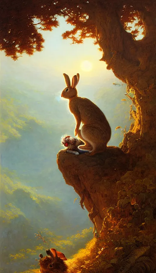 Image similar to rabbit looking off of a cliff, sun setting behind rabbit, lush forest in valley below, painted by tom bagshaw, james gurney, gaston bussiere, craig mullins, j. c. leyendecker 8 k