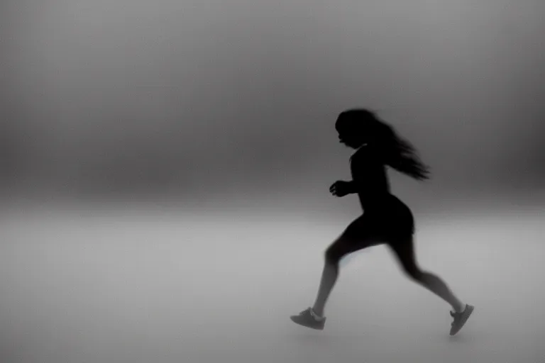 Image similar to film photography, straight colors, minimalism, woman silhouette running in the blue fog with low shutter speed, 35mm, motion blur