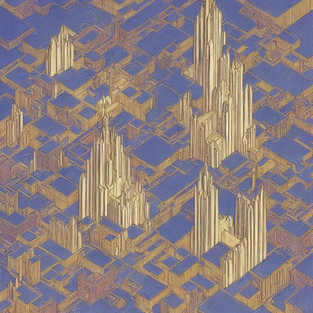 Image similar to isometric artdeco cathedral by frank lloyd wright, isometric, painted by piet mondrian in isometric from above