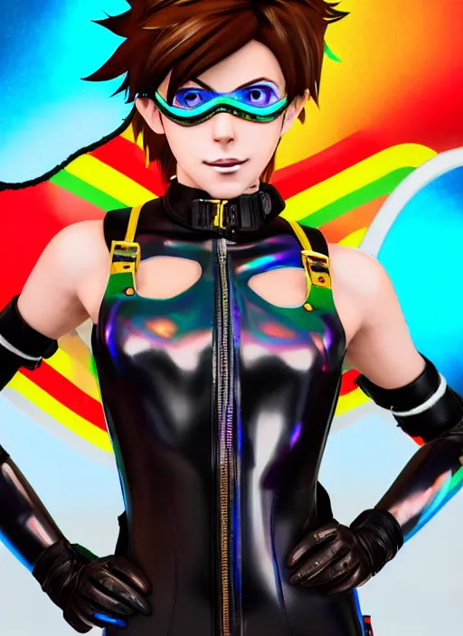 Image similar to portrait bust digital artwork of tracer overwatch, wearing iridescent rainbow latex and leather straps catsuit outfit, 4 k, expressive happy smug expression, makeup, in style of mark arian, angel wings, wearing detailed leather collar, chains, black leather harness, detailed face and eyes,