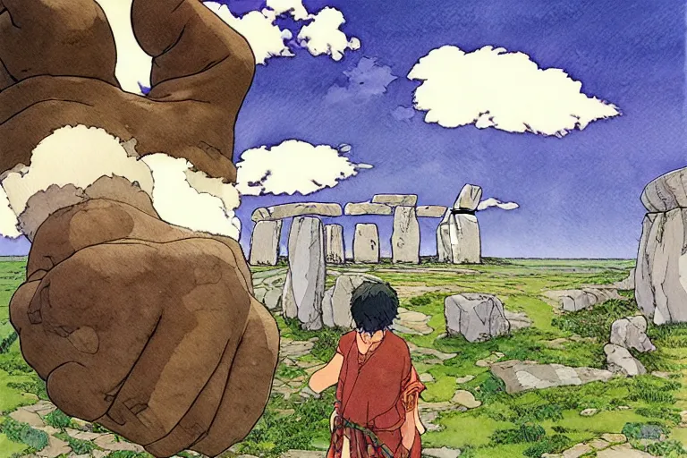 Image similar to a hyperrealist studio ghibli watercolor fantasy concept art. in the foreground is a giant hand coming down from the sky holding a stone. in the background is stonehenge. by rebecca guay, michael kaluta, charles vess